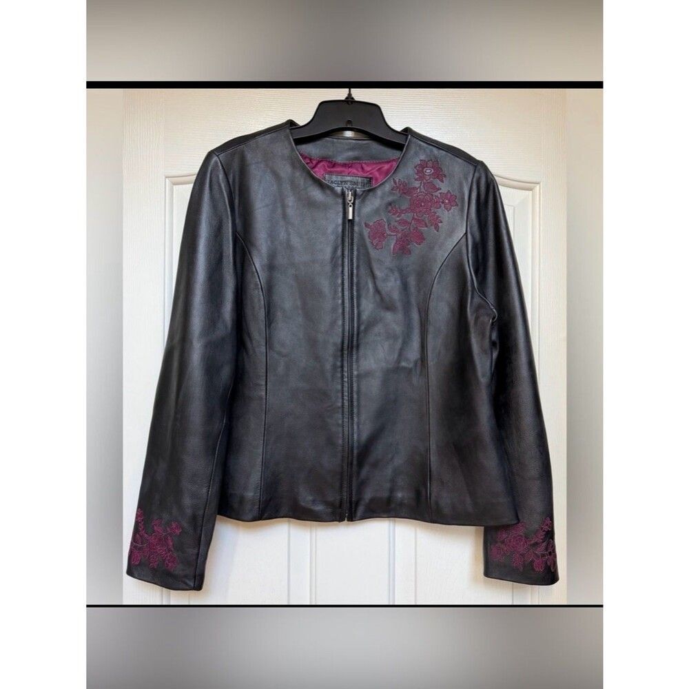 Jaclyn Smith Leather Jacket L Embroidered Black Purple Zip Women’s Edgy Moto - Picture 7 of 7